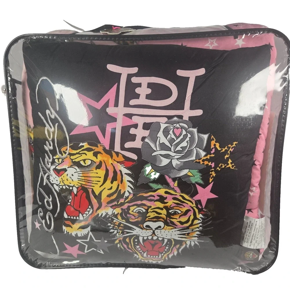 Ed Hardy Queen Comforter Set 4 Piece Pink Tiger Skull Rose Plush Bedding New